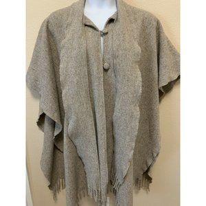 Brown Wool Cape, Attached Scarf, Fringe, 2 Buttons Vintage Unbranded